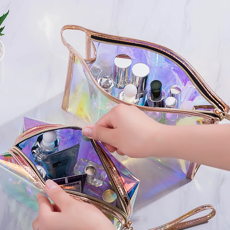 Colorful Holographic Women Cosmetic Bag TPU Clear Makeup Beauty Organizer Pouch