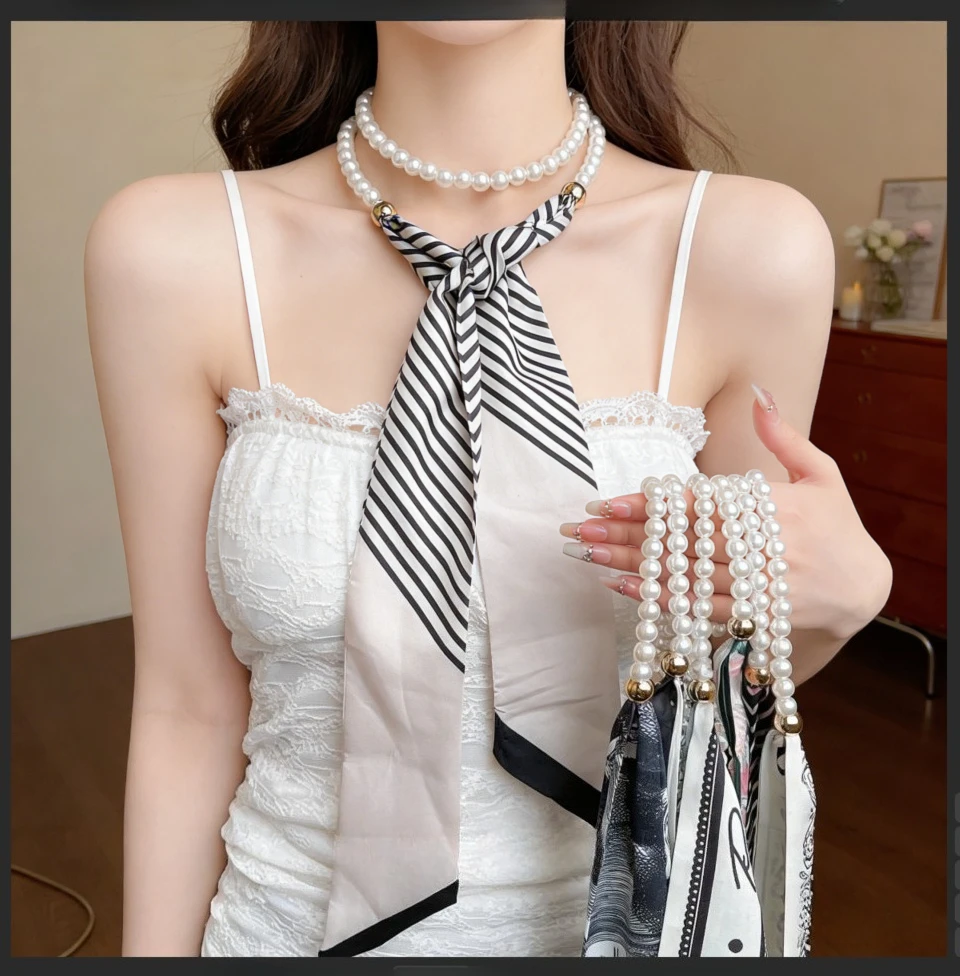 Long Silk Scarf Necklace for Women Versatile Scarf, Vintage-Style Shawl Collar Bone Chain with Bow Knot Extended Length
