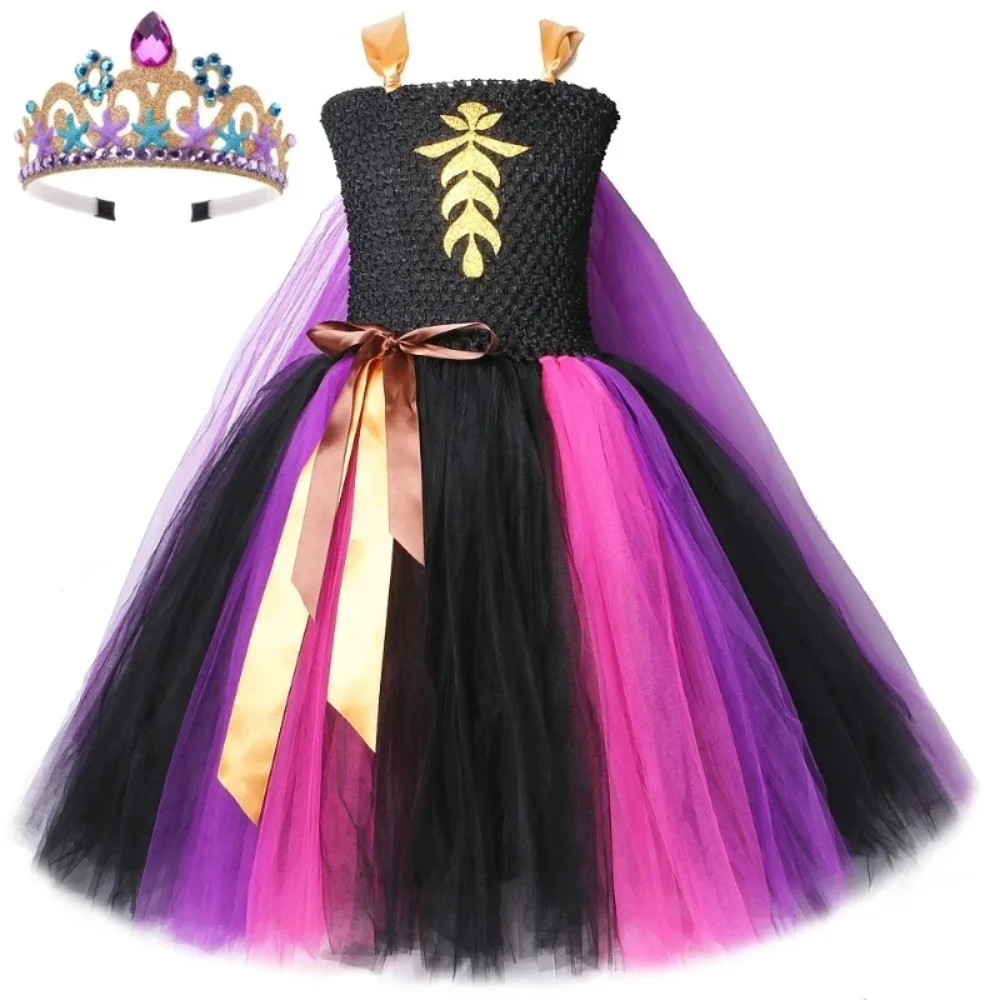 Girls Snow Queen Anna Tutu Dress with Cloak Crown Kids Princess Costume for Halloween Christmas Party Cosplay Outfit