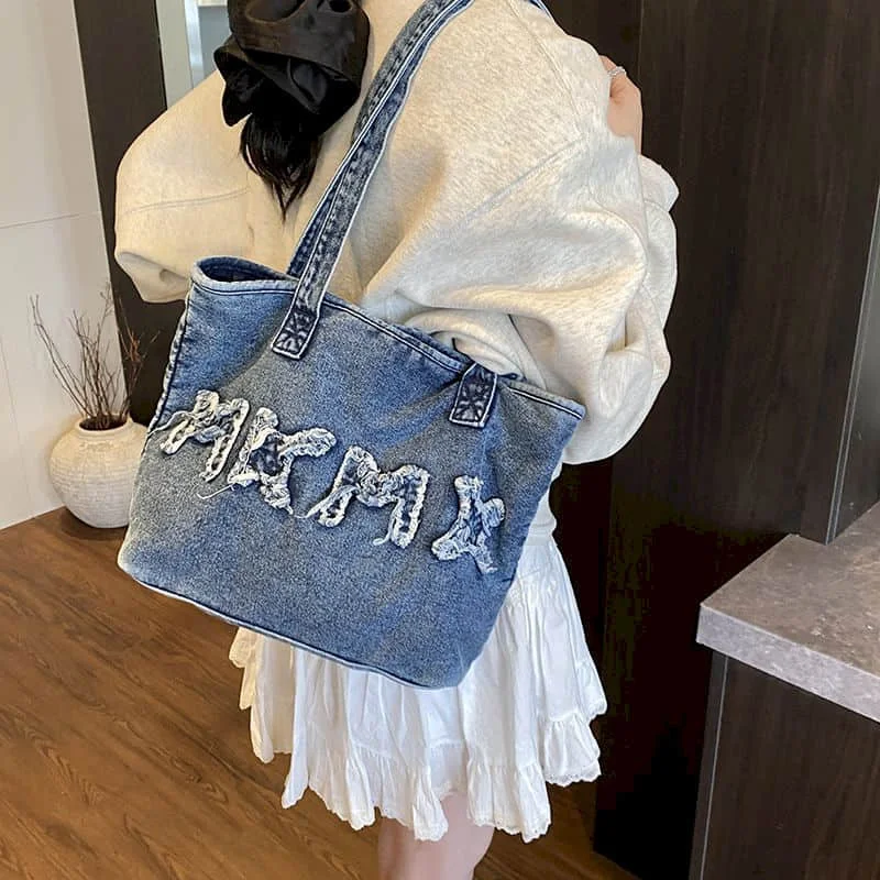 

Джинсовые сумки-тоут, многоразовые водонепроницаемые сумки на плечо, повседневная студенческая сумка с буквенным дизайном, вместительная студенческая сумка в японском стиле для женщин