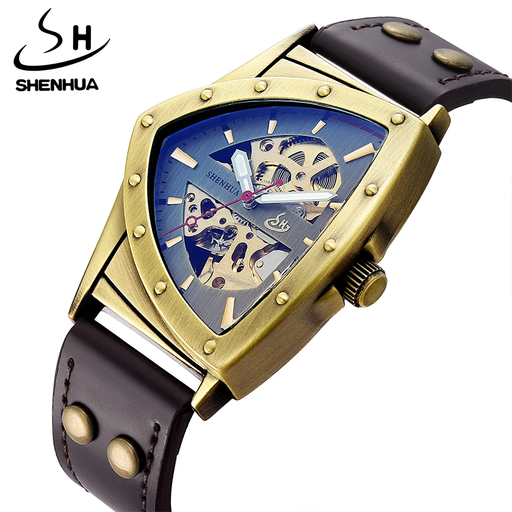 SHENHUA Steampunk สามเหลี่ยมผู้ชาย Skeleton Mechanical นาฬิกา Vintage Hollow Movement สายหนังแฟชั่นนาฬิกาข้อมือ Cool นาฬิกา