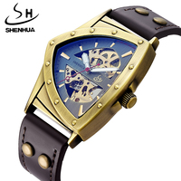 SHENHUA Steampunk Triangle Men's Skeleton Mechanical Watch Vintage Hollow Movement Leather Strap Fashion Wristwatches Cool Clock