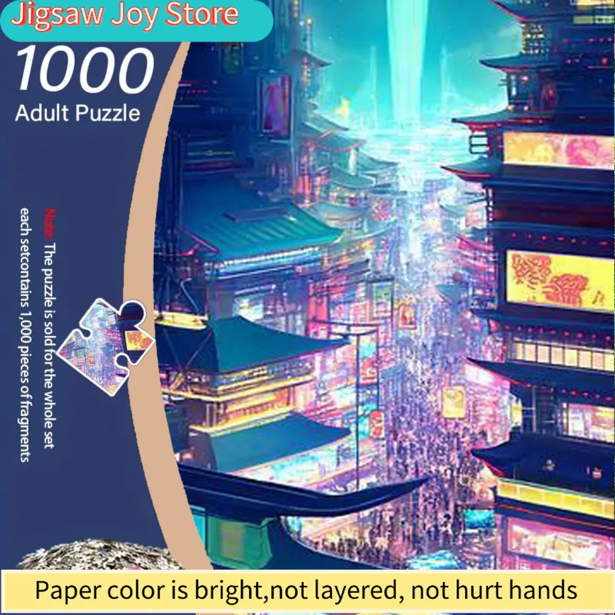 

Cyberpunk Neon Future City Jigsaw Puzzle - Neon-Lit Skyscraper Night Scene with Glowing & Shadow, Challenging Brain Teaser fo