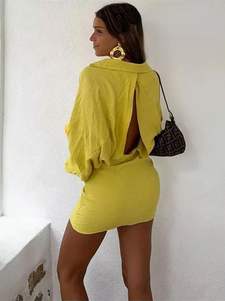 Dresses For Women 2023 Summer Trend New Ice Silk Yellow Lapel Slim Cropped Dress Female Cool Streetwear Woman