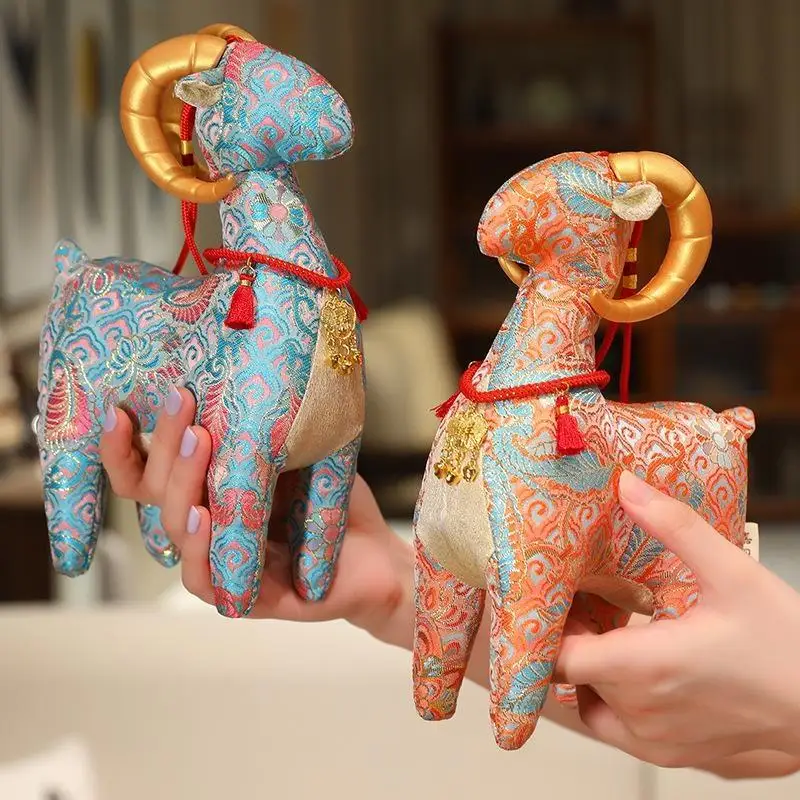 1Pcs Chinese Zodiac Goat Plush Figurine Brocade Fabric Lucky Sheep Statue For Home Tabletop New Year Decor Gift