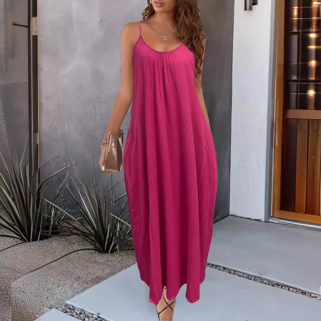 Dresses Spring Summer Basics Daily Folds Plain Sleeveless Scoop Neck Maxi Cami Vacation Dresses For Women