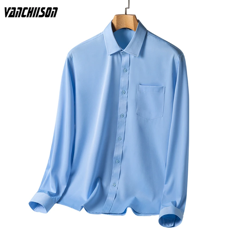 

Men Dress Shirt Bamboo Fiber Elastic Fabric for Summer Spring Long Sleeve Solid Sky Blue Party Formal Style Male Fashion 00569