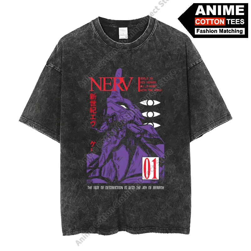 Anime NEON GENESIS EVANGELION TEST TYPE EVA-01 Print T Shirt Cotton Washed Vintage Oversized Loose Tees Casual Unisex T-shirt