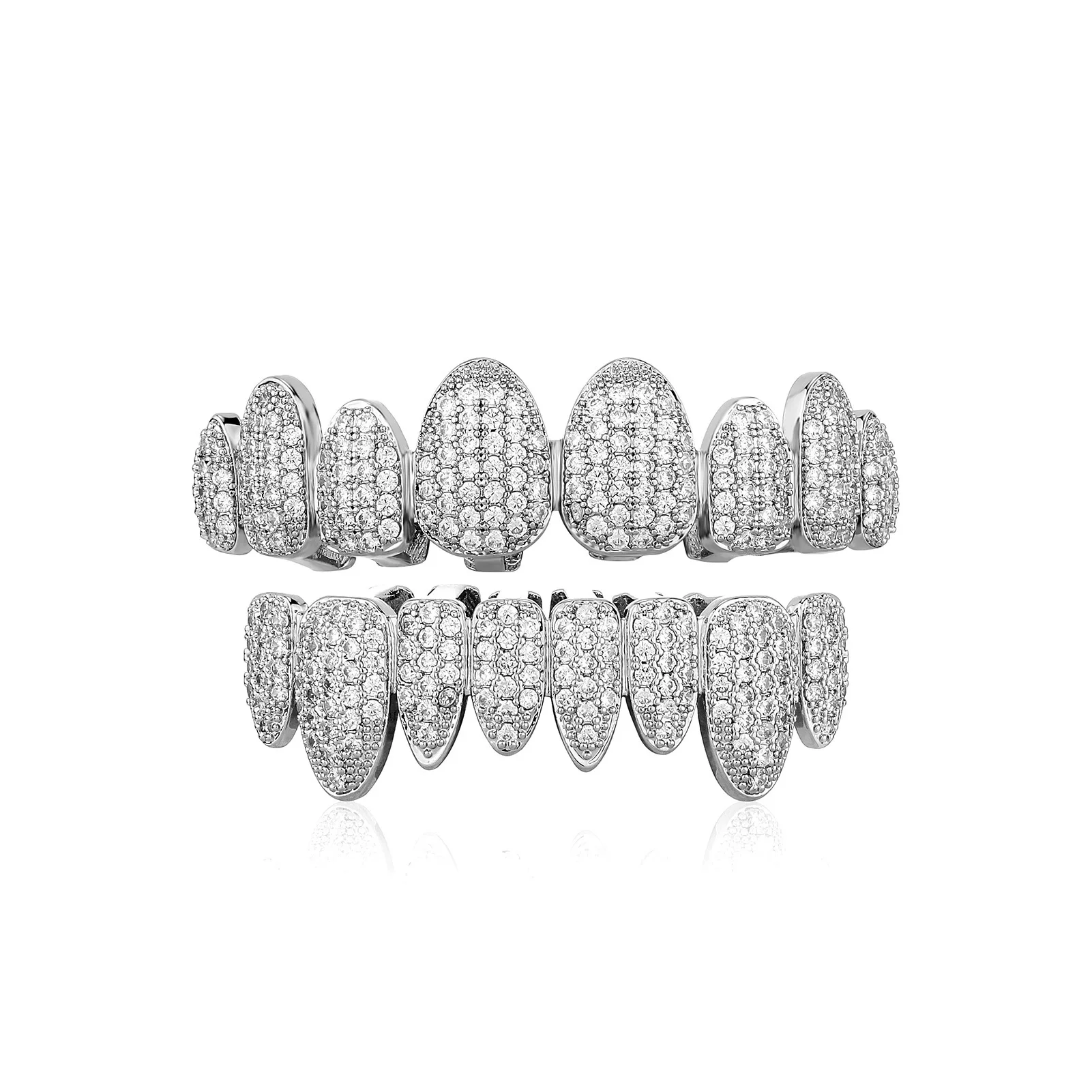 Hip Hop Cubic Zirconia Teeth Grillz Set Gold Silver Color Teeth Grills Iced Out Top&Bottom Dental Grills Cosplay Party Jewelry