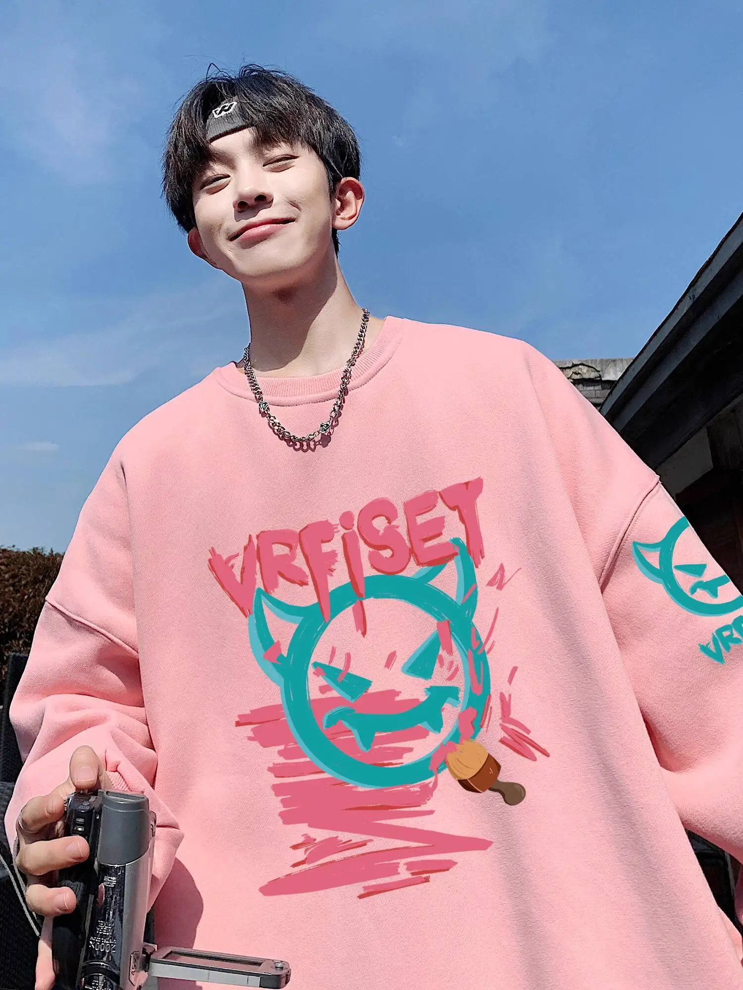 

Men's Sweatshirt 2025 Spring Autumn New Cartoon Letter Print Long Sleeve T Shirt Hoodie Loose Trendy Crew Neck Top Plus Size 5XL