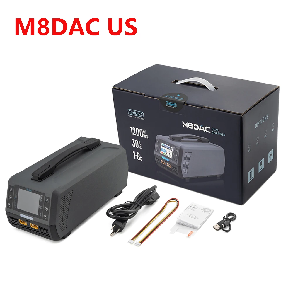 ToolkitRC M8DAC intelligente oplader 2-kanaals 1-8S AC 1200W 50A 30A lithiumbatterij afstandsbediening drone FPV model auto 1/5 1/6