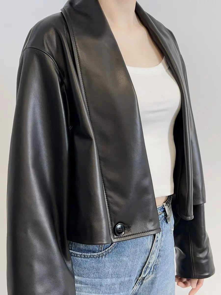 Abbigliamento in vera pelle per donna Cappotto corto con silhouette bavero Giacca da donna con palloncino in vera pelle di pecora Bomber Femme