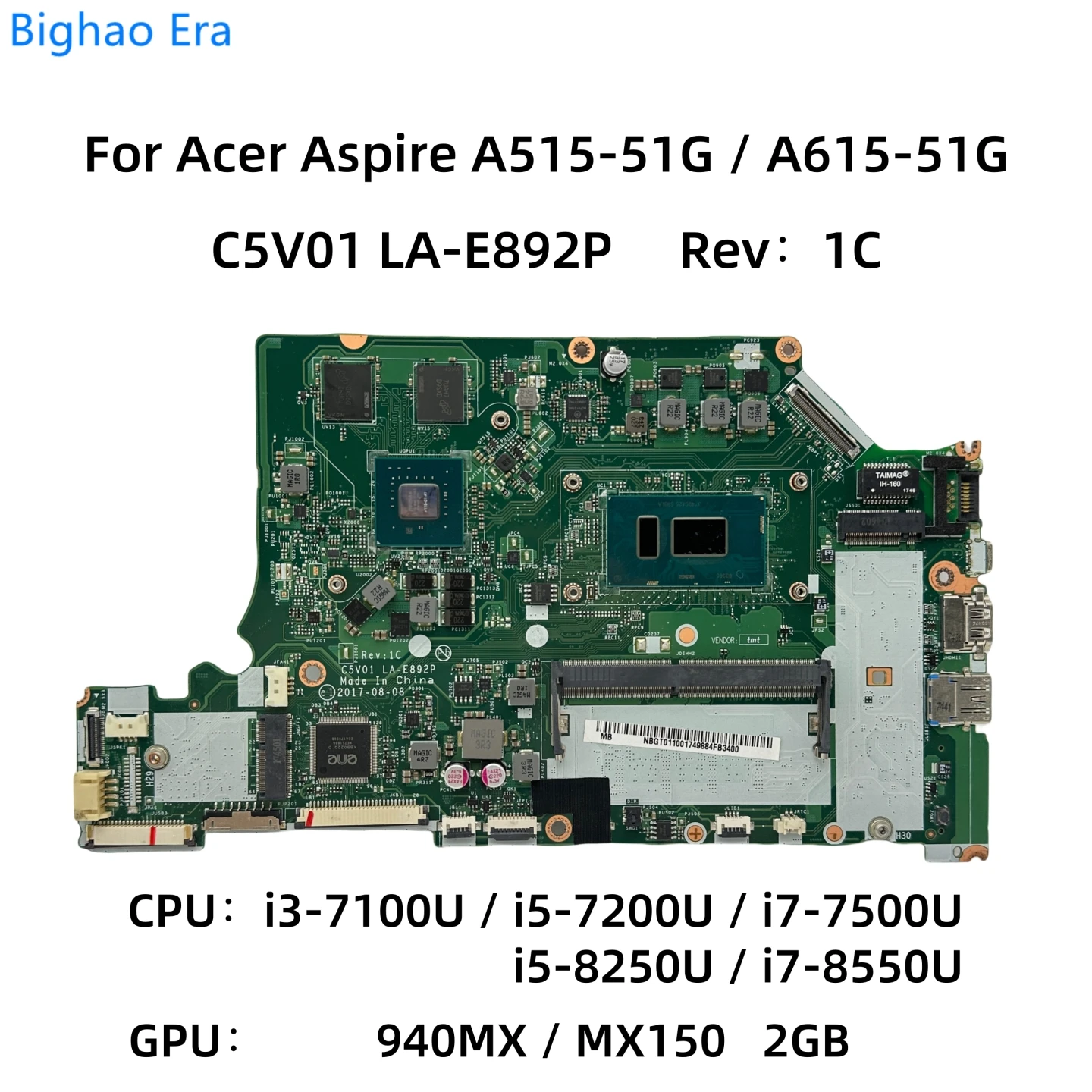 C5V01 LA-E892P For Acer Aspire A515-51G A615-51G Laptop Motherbboard With i3 i7-7500U i5-8250U CPU 4GB-RAM 940MX/MX150 2GB-GPU