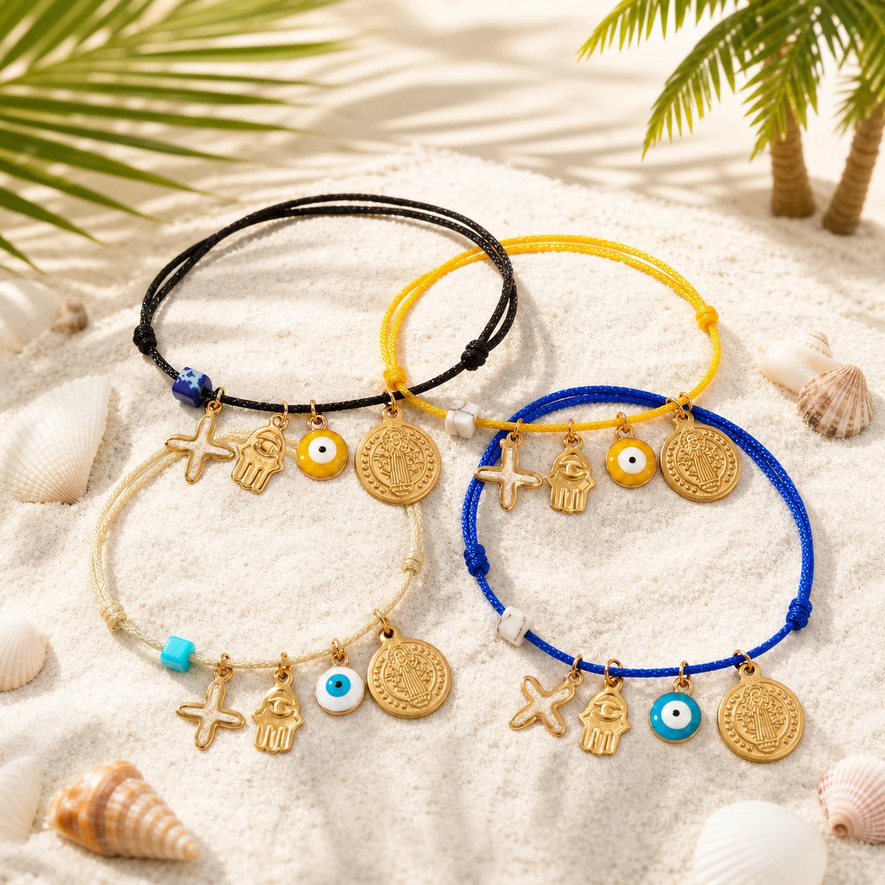 4pcs Boho Stainless Steel Charm Rope Chain Bracelet with Ocean Charms Evil Eye Hamsa Starfish Coin Beach Style