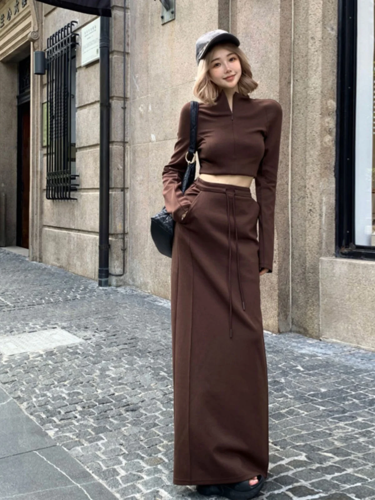 

Fashionable Zipper Long Sleeve Half High Collar Short Top with Straight Dress Slimming Women's Autumn New Style Set