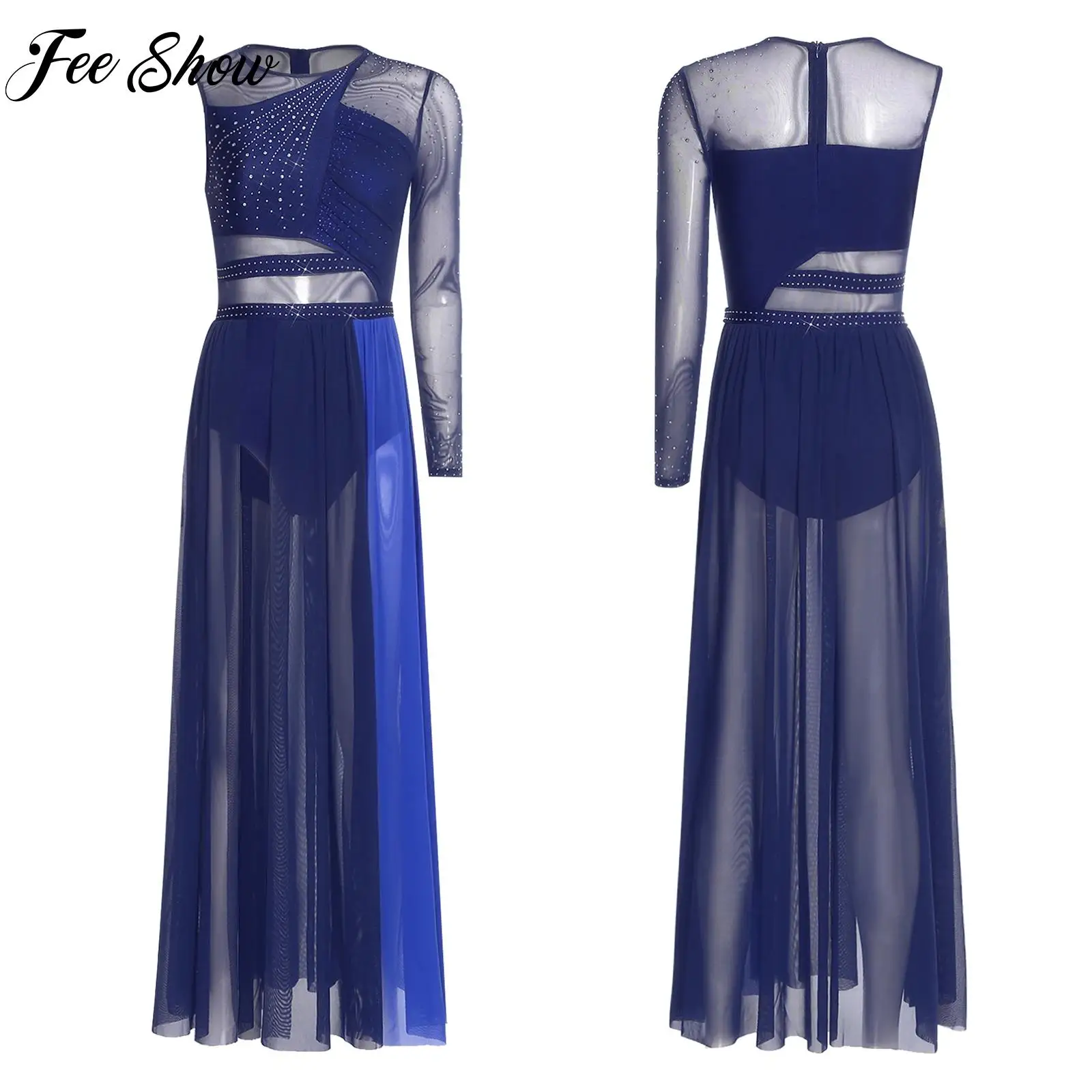 

Elegant Womens Modern Lyrical Dance Dress Figure Skating Costume Shiny Rhinestones Sheer Mesh Dress for Dance Party Performance