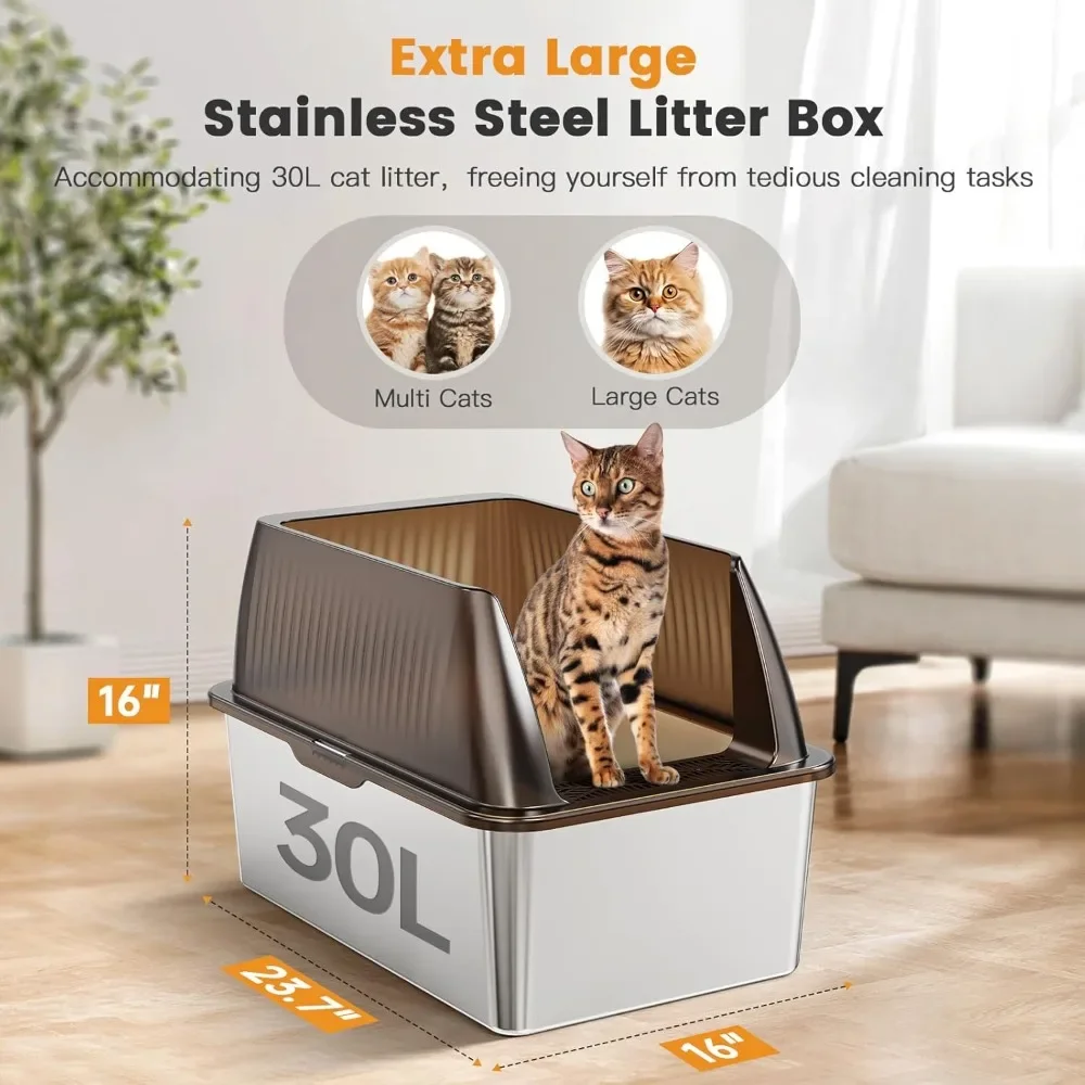 16” XL Stainless Steel Cat Litter Box Enclosure,Extra Large Metal Cat Litter Box, Anti Leakage, Easy Cleaning, Includes Scoop