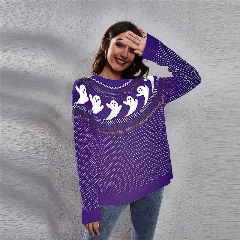 

loween Ghost Retro Dot Long Sve Knit Sweater Women's Vintage Sle Ghostly Design Midweight Winter Faion