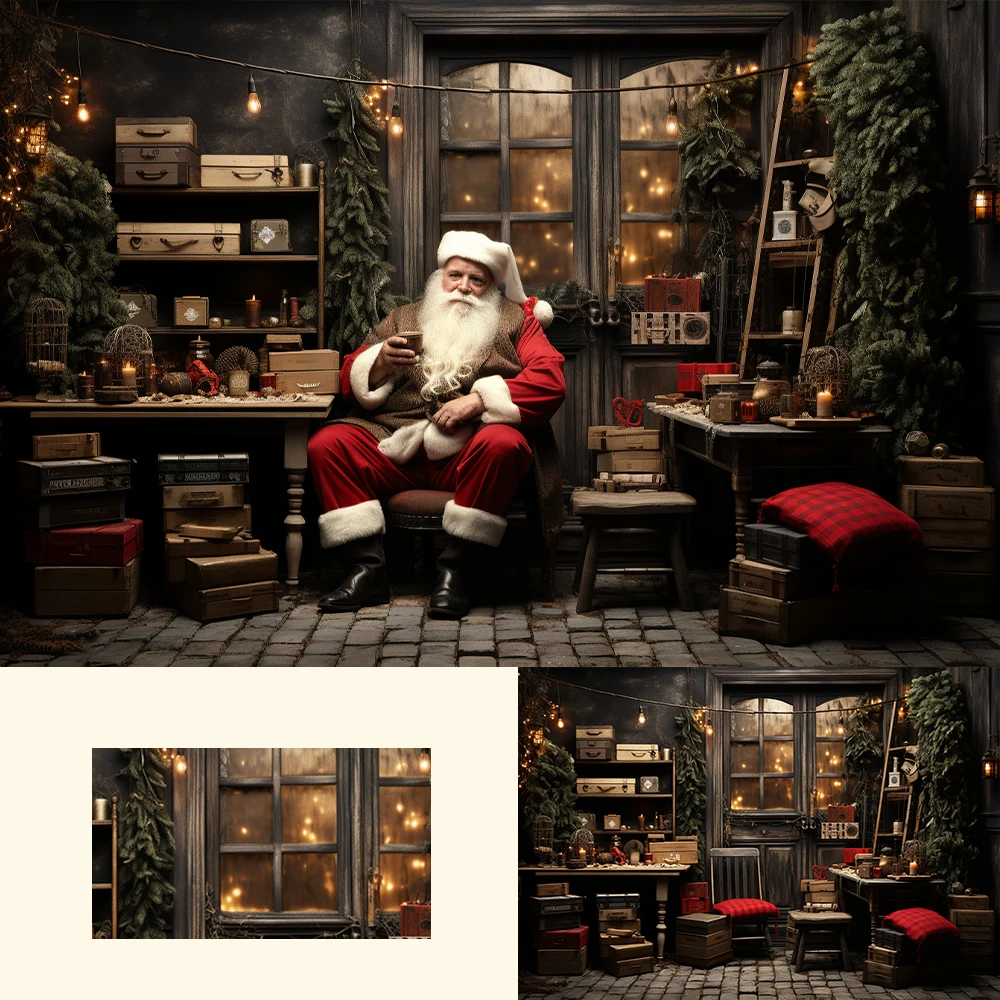 Santas Work Station Backdrop Kids Baby Photogrpahy Props Child Adult Photocall Christmas Trees House Background