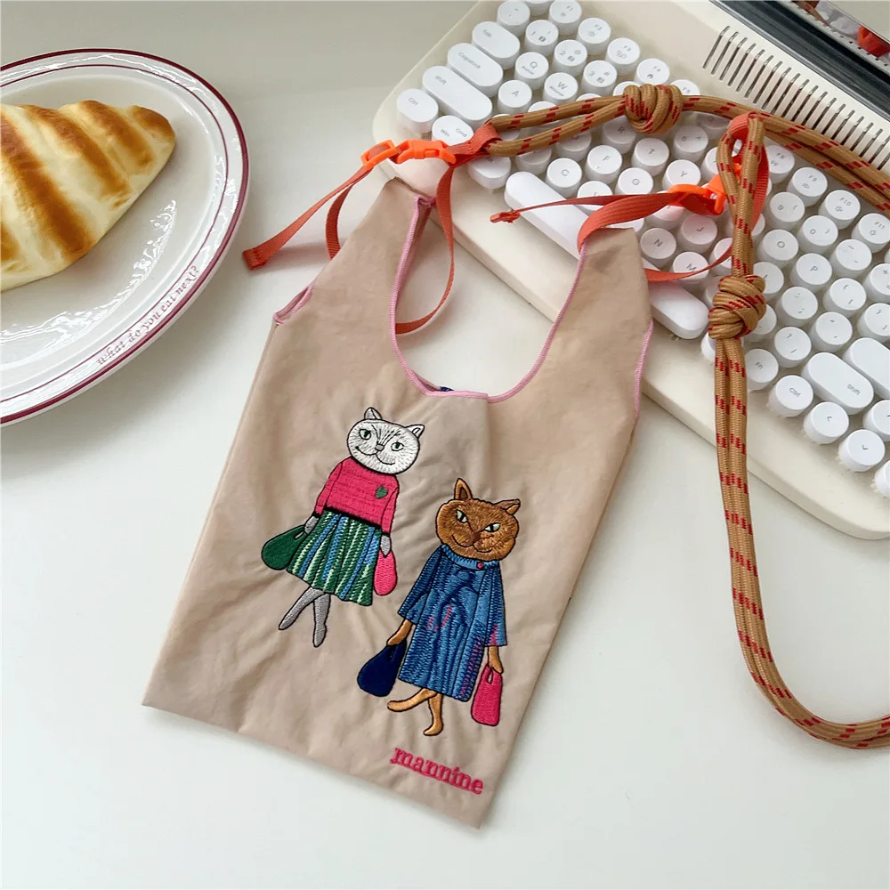 Cartoon Embroidery Eco Bag Vegetable Mini Tote Bag Handbag Cute Cat Designer Bags for Women Shoulder Bags Rope Strap Shopper New