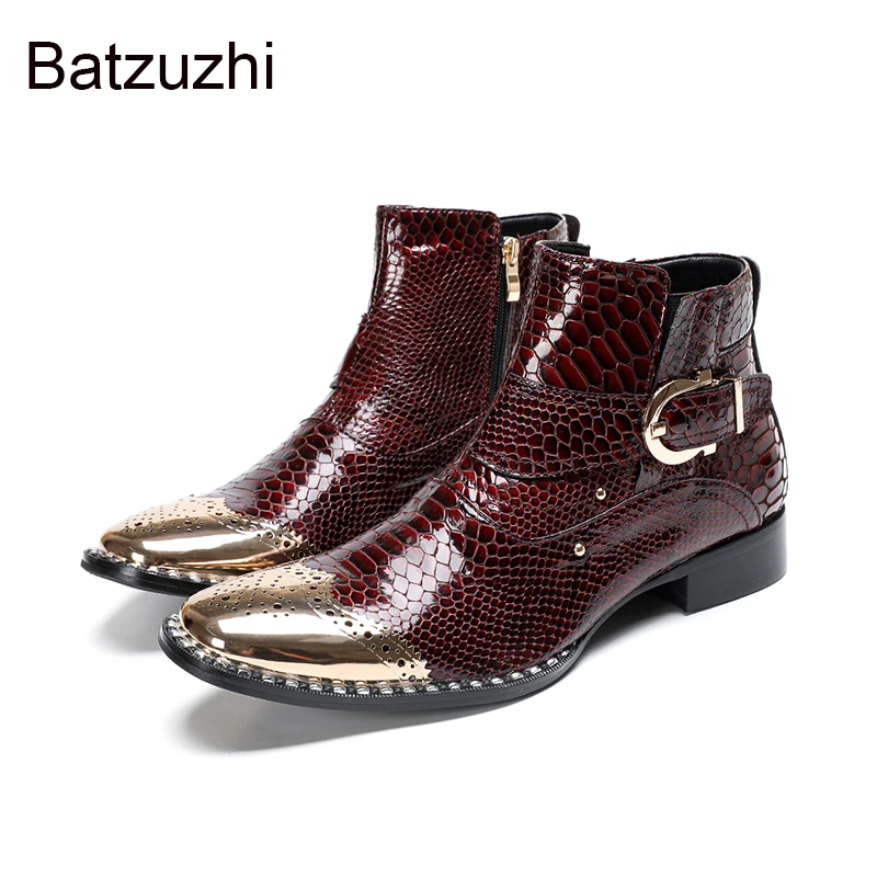 

Batzuzhi Luxury Men's Boots with Big Metal Cap Men's Leather Ankle Boots Low Heels Buckles Fashion Botas, Big Sizes 38-46