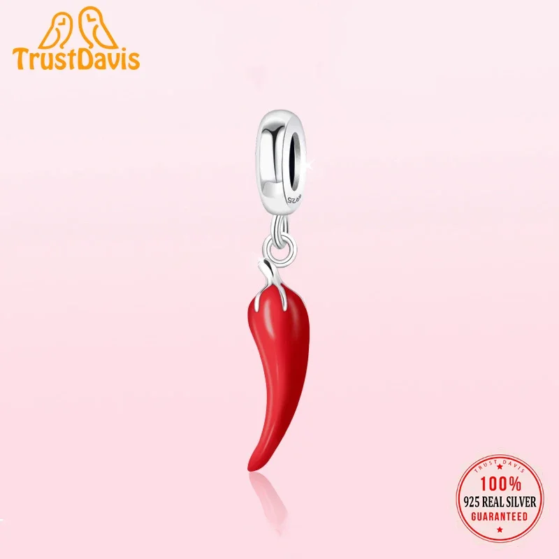 TrustDavis Real 925 Sterling Silver Charm Beads Fashion Red Pepper Bracelet Necklace Handmade DIY Accessories Fine Jewelry HY706