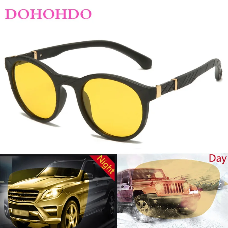 DOHOHDO TR90 Polarized Sunglasses Men Women Round Flexible Night Vision Glasses Anti-glare Yellow Lens Sport Oculos Masculino