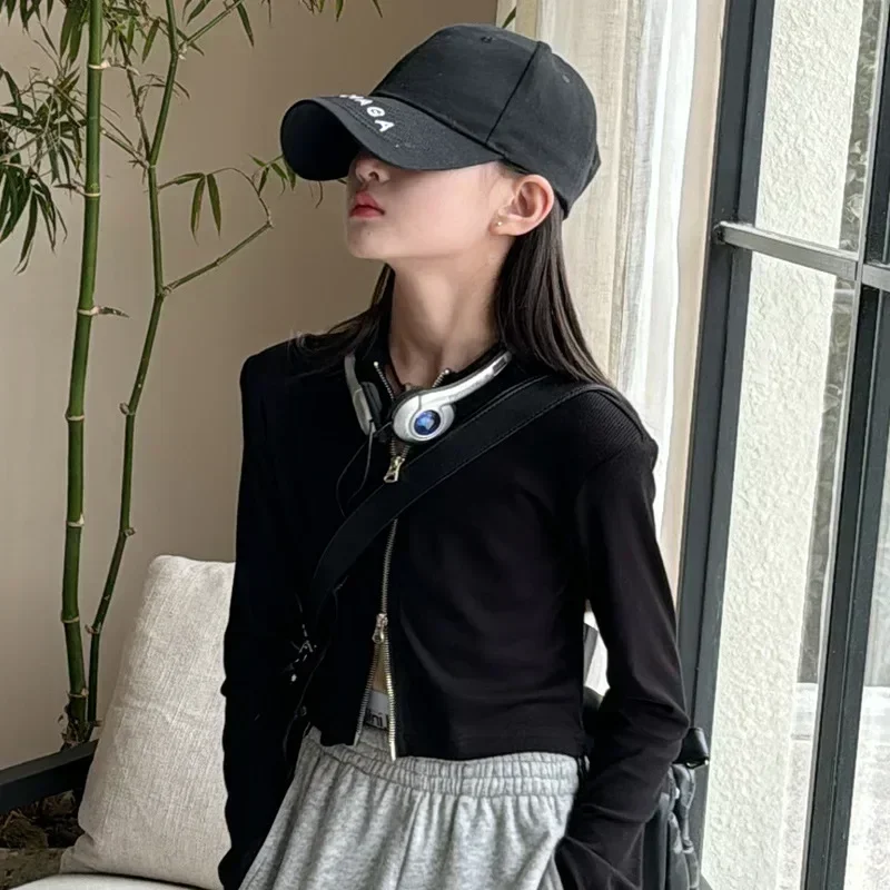 Girls Clothes T-shirt Children 2024 New Spring and Summer Black Top Simple Casual Style All-match T-shirt Korean Simple Style