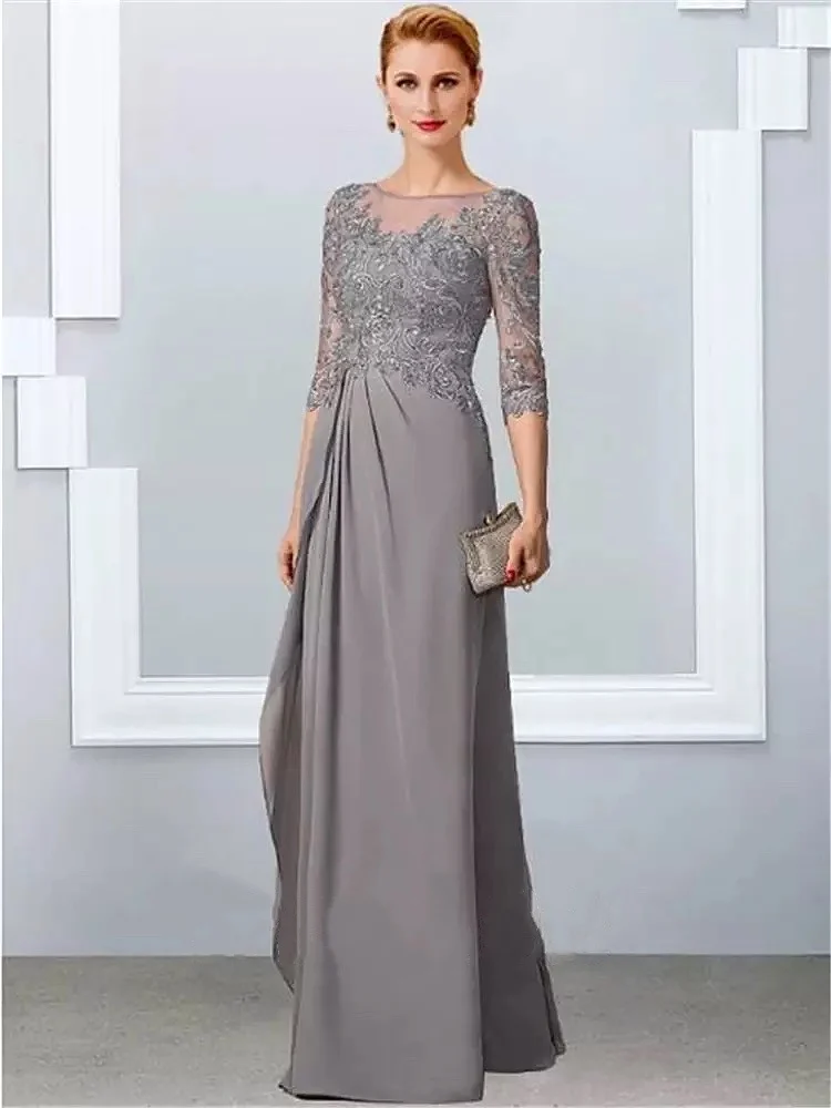 Vestidos de encaje de gasa gris para madre de novia, cuello redondo, Media manga, volantes, boda, banquete, mamá, vestido de noche, elegante, nuevo