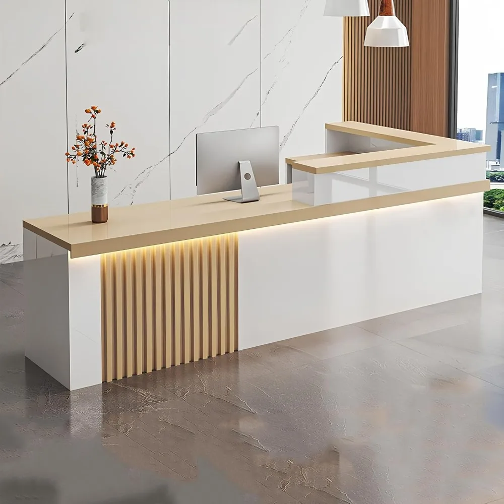 

contemporary l-shaped reception counter with led lighting and secure storage