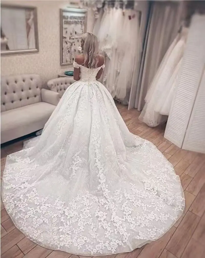 Vestidos de casamento com renda fora do ombro para mulheres, flores 3D, trem da corte, vestidos de noiva, cristal luxuoso, 2024