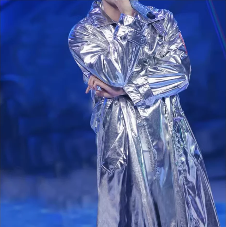 2025 European and American male singers in shiny silver windbreakers men's mid to long knee length windbreakers singer costume