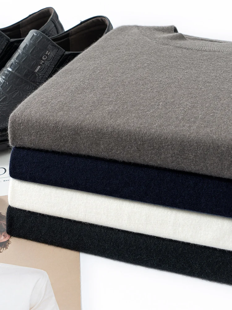 CHICUU Luxury Men 100% Worsted Cashmere T-shirt Mock Neck Pullover Sweater Short Sleeve Summer Thin Knit Tops