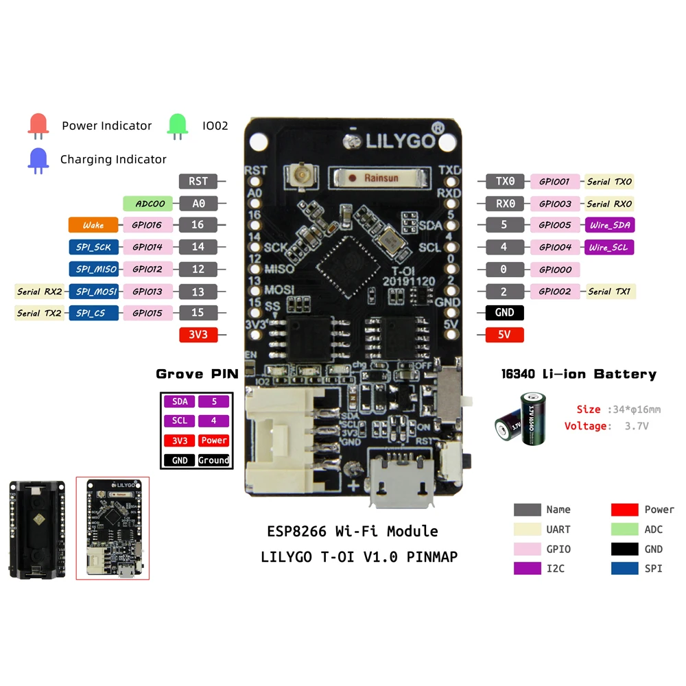 LILYGO® TTGO T-OI ESP8266 Wireless WIFI Module Rechargeable 16340 Battery Holder With Grove Interface Compatible MINI D1 Board