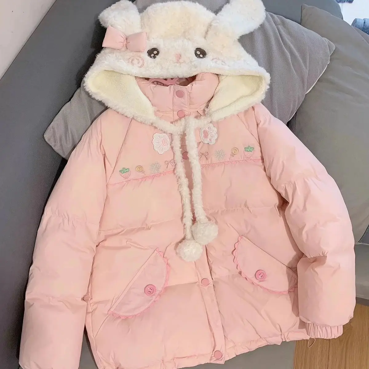 اليابانية Kawaii البلوز طويلة الأكمام لطيف آذان أرنب الديكور المرأة عادية الحلو نمط الكرتون طباعة هوديي معطف الخريف #1