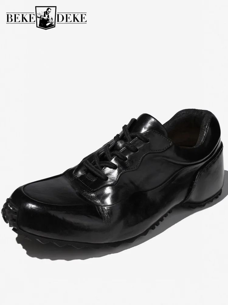 British Male Genuine Leather Hard Wearing Casual Shoes Solid Color Horsehide Round Toe Cross Tied Platform Footwear