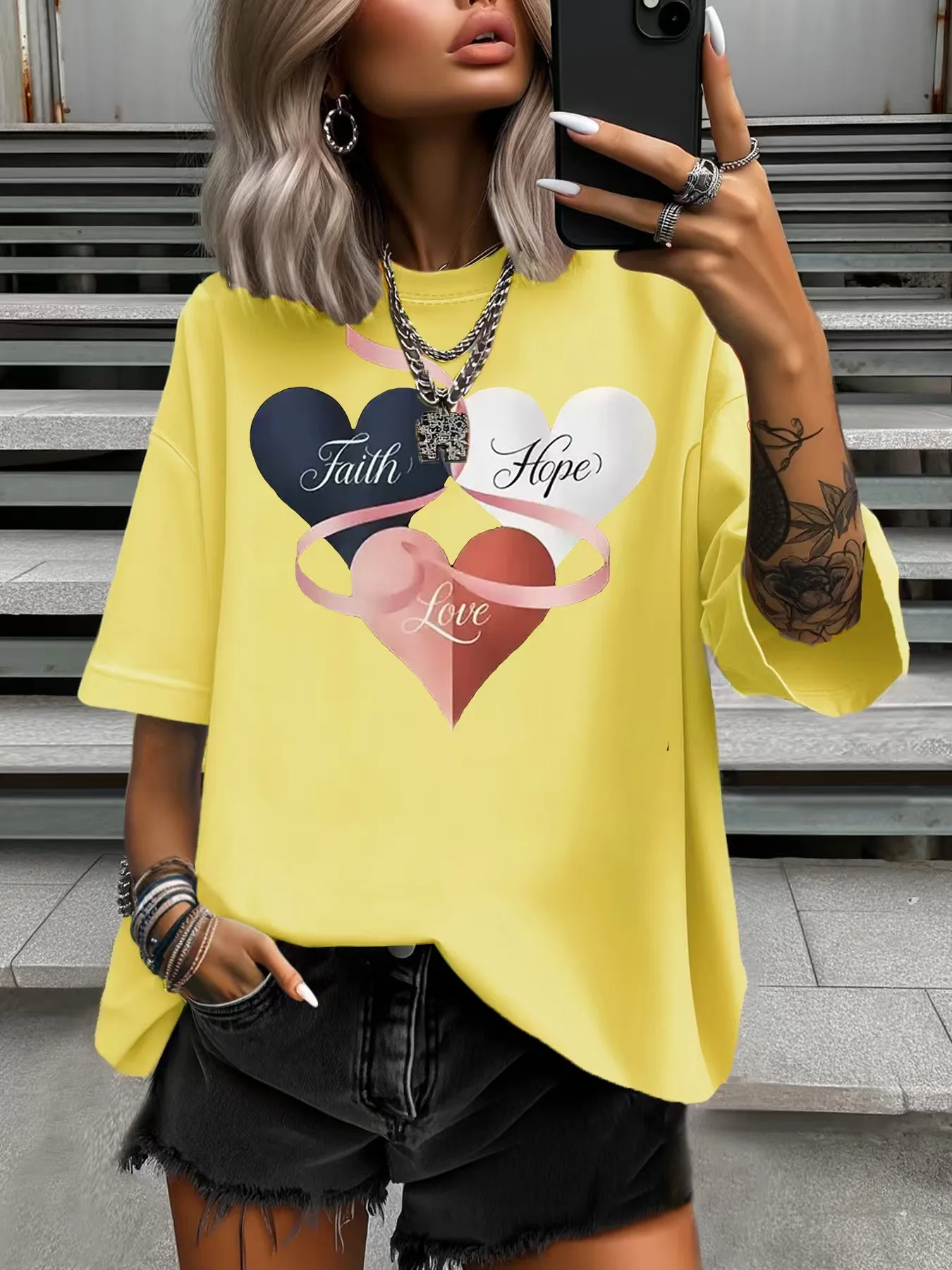 T-Shirt d'été grande taille pour femmes, Design Original, mode, imprimé d'amour coloré, décontracté, doux, col rond, manches courtes