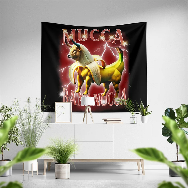 Aertemisi Mucca Bananucca Italian Brainrot Funny Meme Tapestry Wall Hanging Art for Bedroom Living Room Decor Party Backdrop