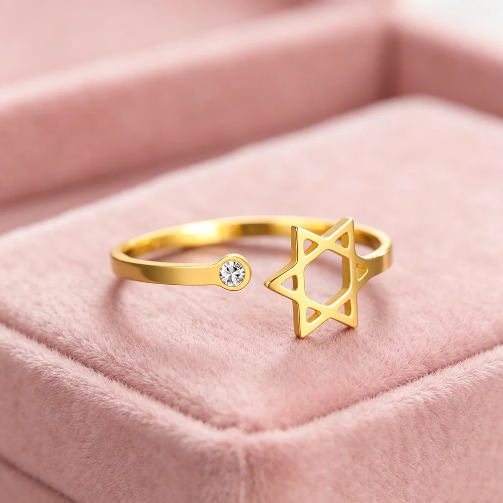 CoolTime Minimalist Star of David Open Ring Gold Color Hexagram Zircon Amulet Protection Daily Wear Cross Jewelry For Women Gift