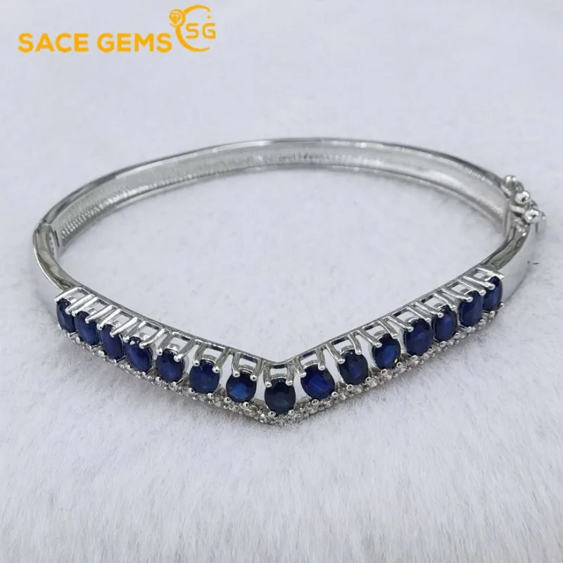 SACE GEMS New Certified 3*4mm Natural Sapphire Bracelets 925 Sterling Silver 18cm for Women Engagement Party Fine Jewelry Gift