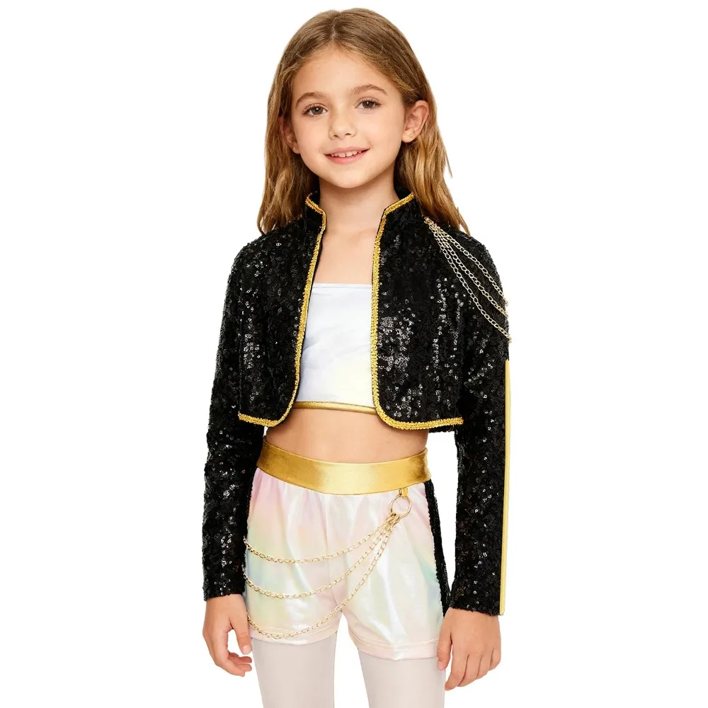 Kids Girls 3Pcs Demon Cosplay Singer Outfit Iridescent Gloss Crop Top Long Sleeve Trim Sequins Outer Wear and Waist Chain Shorts