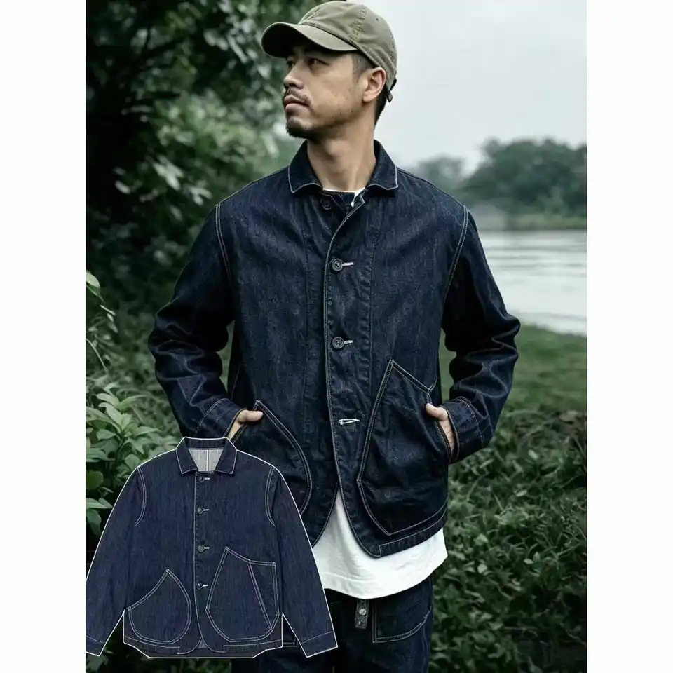 Blue Denim Workwear Jacket Men Casual Outerwear