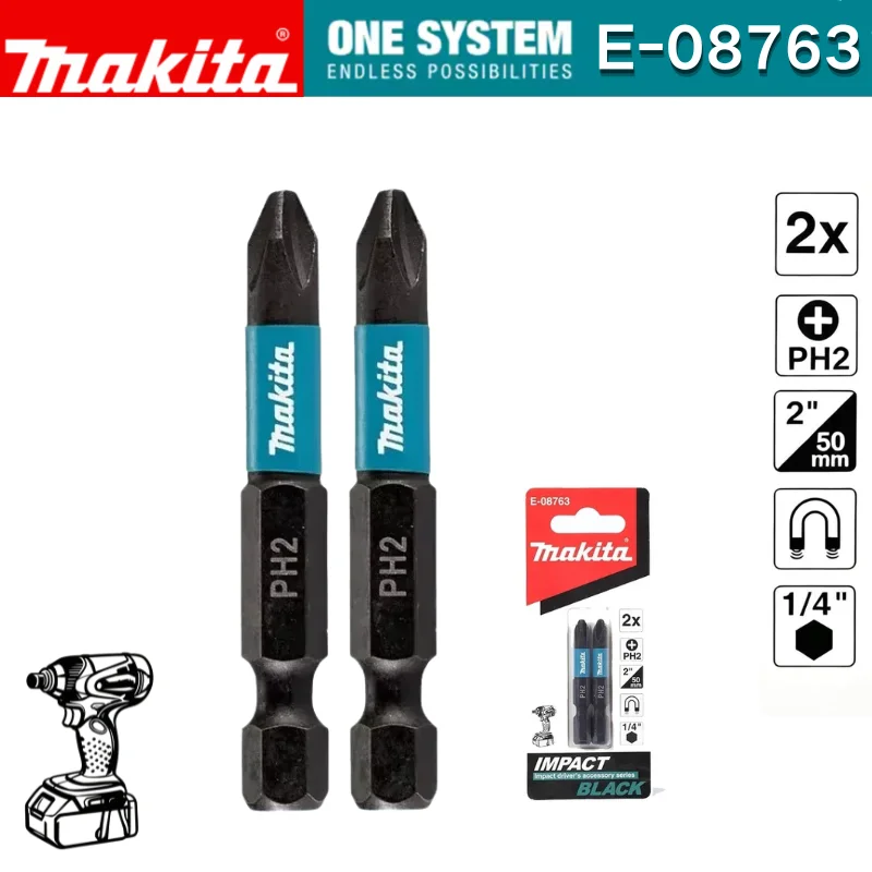 

Makita E-08763 Impact Screw Bits PH2 Length 50mm 1/4" 2 Pieces Magnetic Phillips Screwdriver Head Drill Bit Tool Accessories