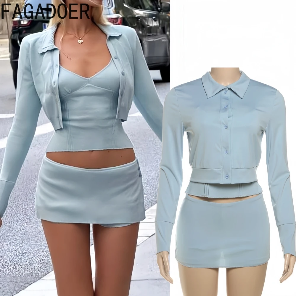 

FAGADOER Casual Woman 3 Piece Set Outfit Long Sleeve Single Breasted Cardigans +Camis Crop Tops+ Shorts Skirts Female Streetwear