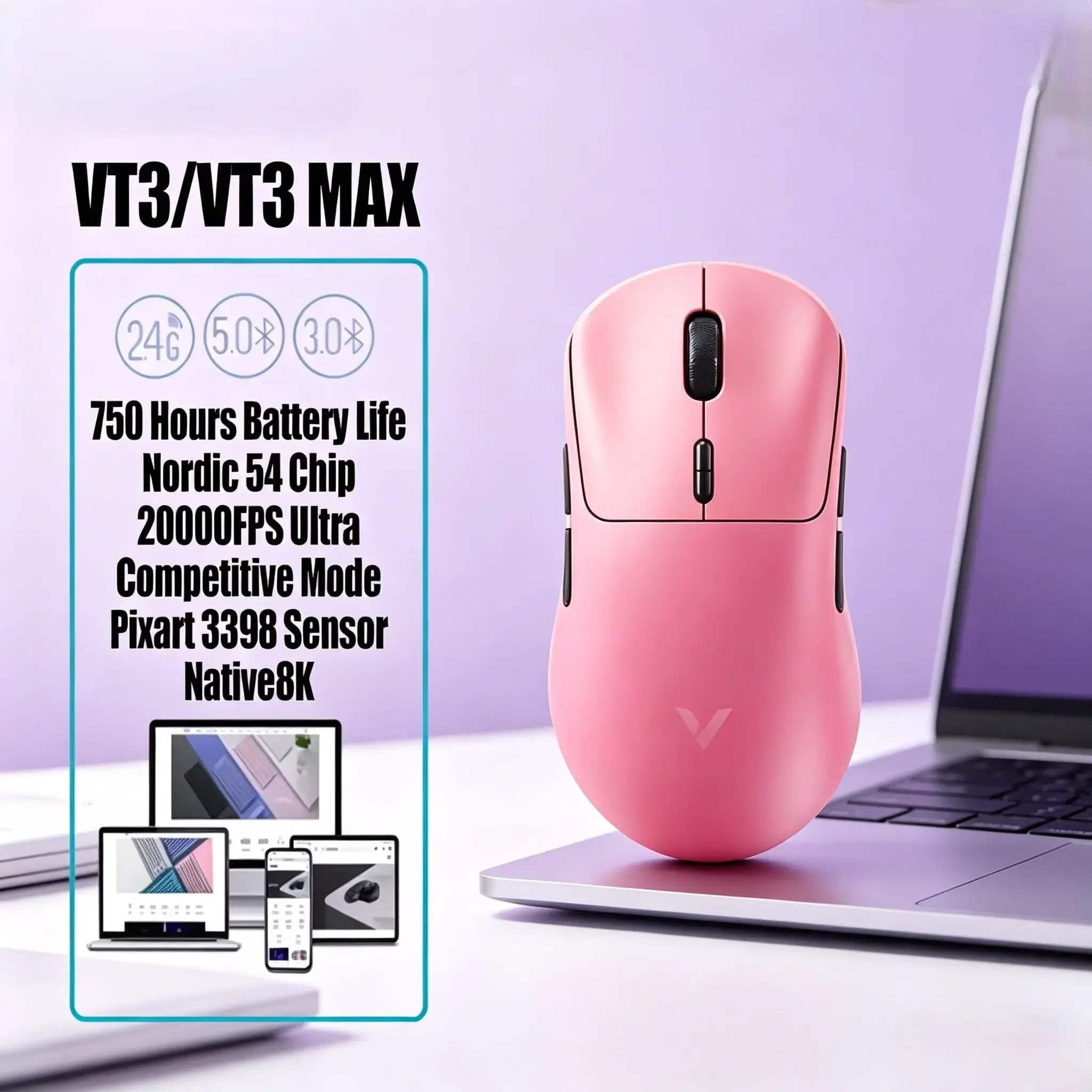53g Ultra-Lightweight Wireless Gaming Mouse, Rapoo VT3 MAX P5 Plus, True 8K Polling Rate, Macro Enabled, Up to 750 Hours Battery