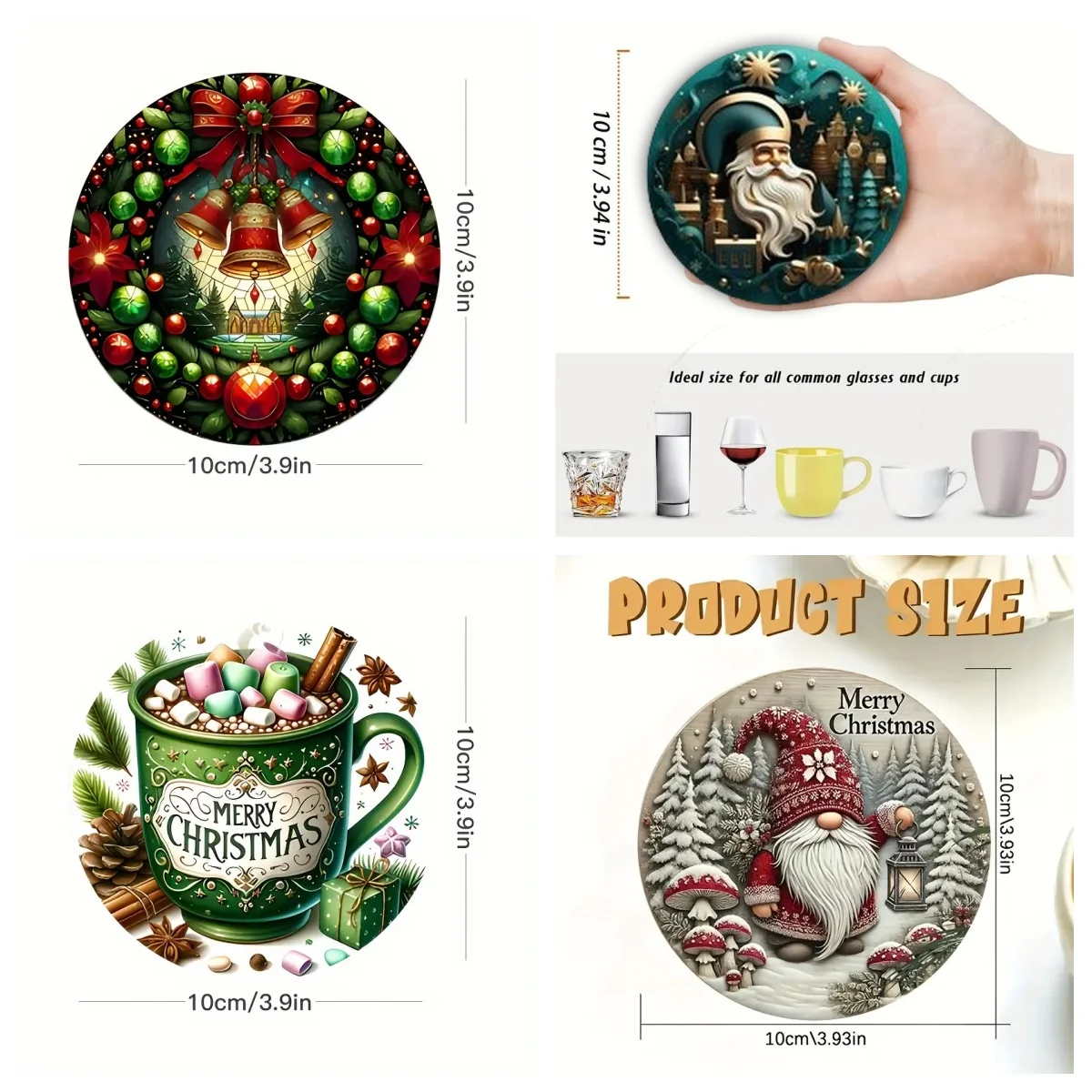 6Santa Claus Printed MATS, Suitable for Daily Family Gathering Decoration, Offices, Anti-Slip Wooden Coasters, and Holiday Gifts