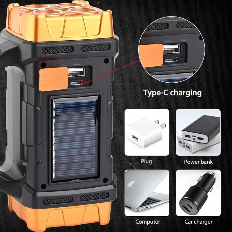 Premium High Lumens LED Work Light, Multipurpose Flashlight with Searchlight and Lantern Features Rechargeable Solar Flashlight