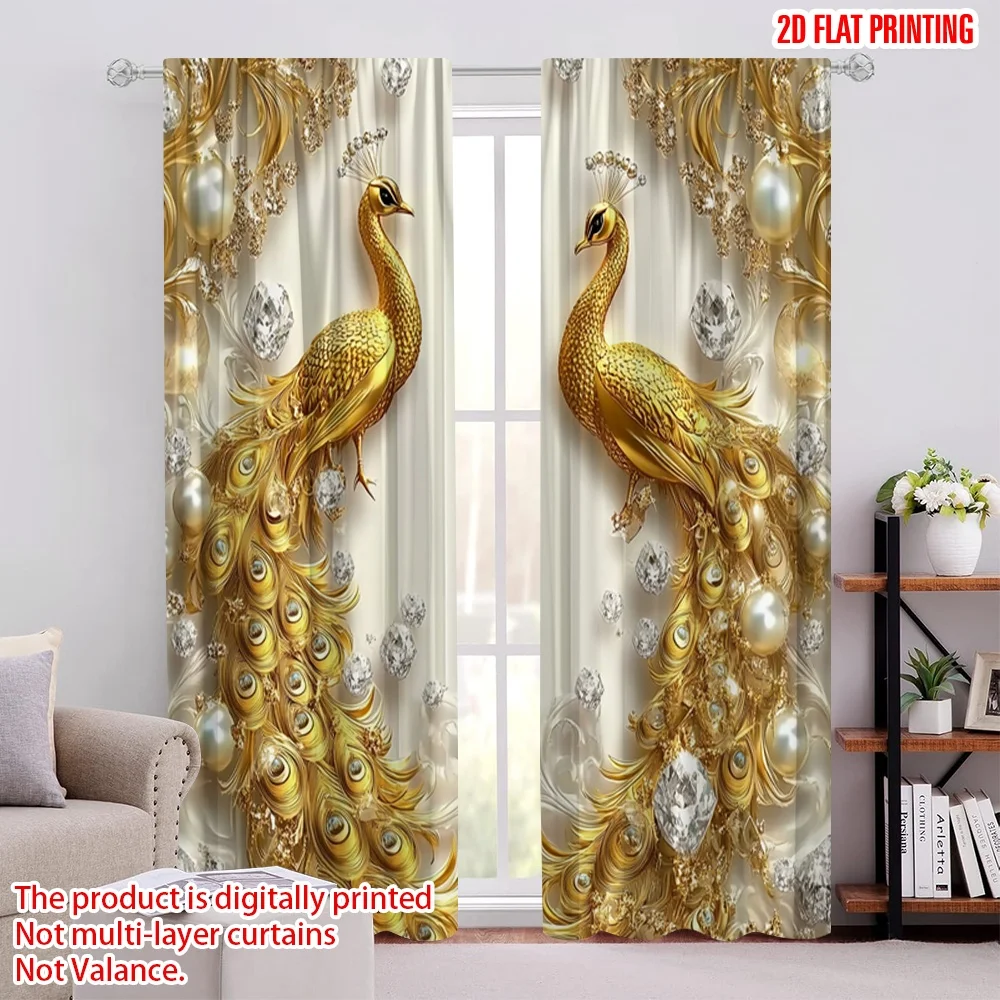 2Pcs 2D flat printing Beautiful Golden Peacock Printed Curtains Design Suitable For Bedroom Kitchen Dining Room Living Room