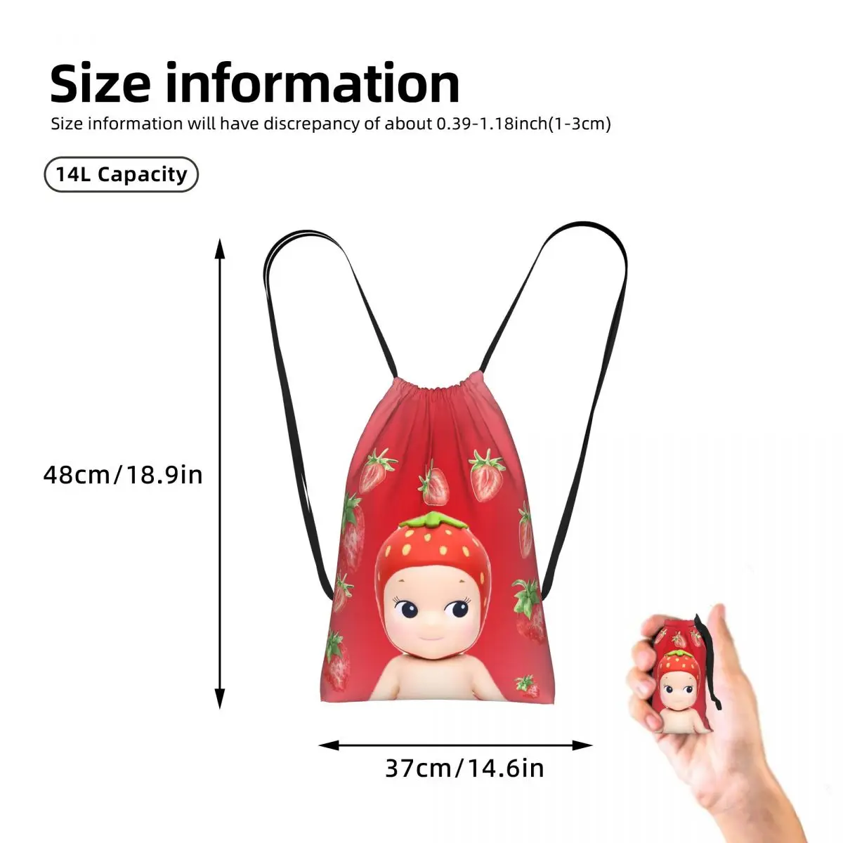 Cute Sonny Angel Strawberry Cartoon Girls Drawstring Backpack Sports Gym Bag Portable Travel Drawstring Bag for Men Women
