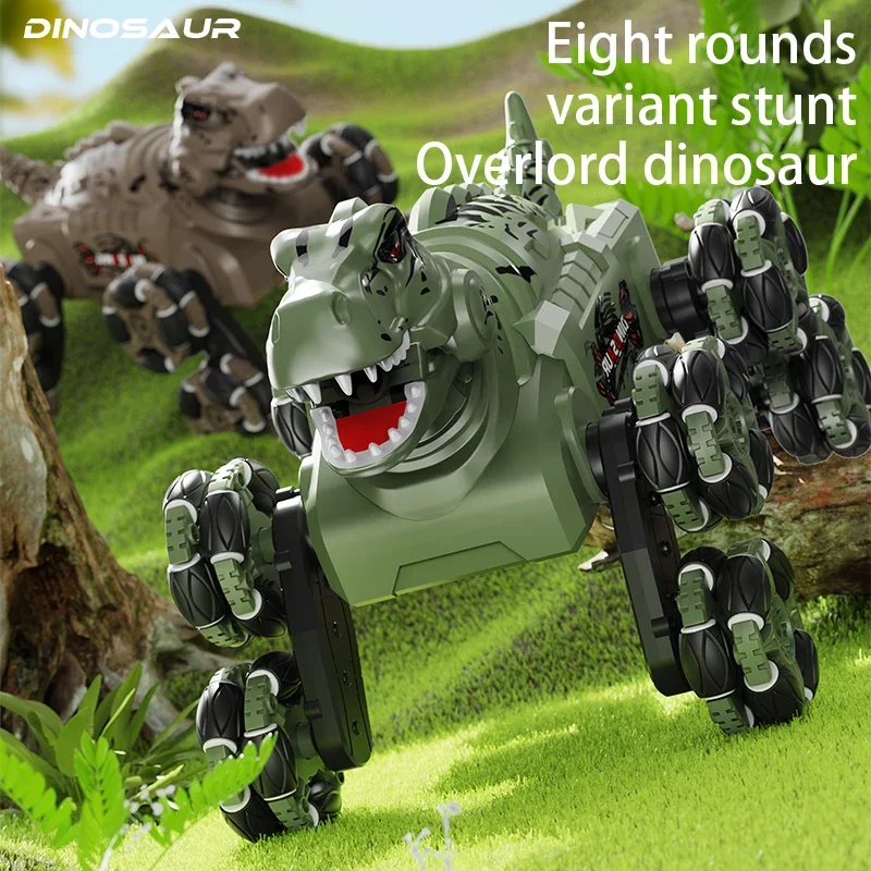 4wd rc dublê carro spray nevoeiro fora da estrada de oito rodas controle remoto dinossauro deformação brinquedo animal eletrônico com música luz led